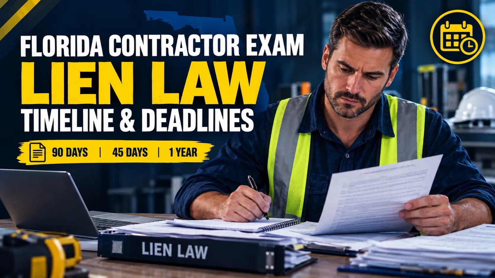 Florida contractor reviewing construction lien law deadlines and paperwork before the Business and Finance exam