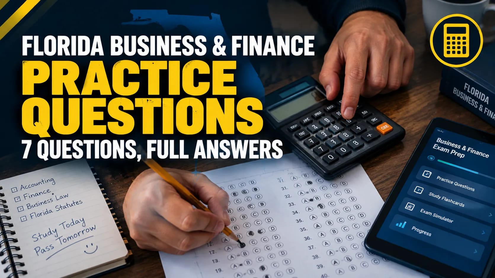contractor working through Florida business and finance practice questions with a calculator