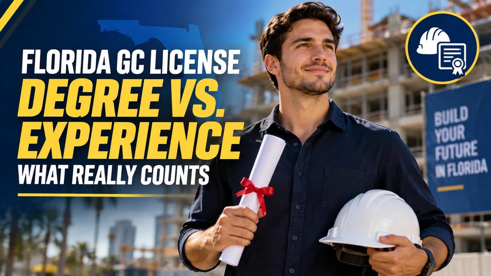 graduate with a construction degree and hard hat planning a Florida contractor license