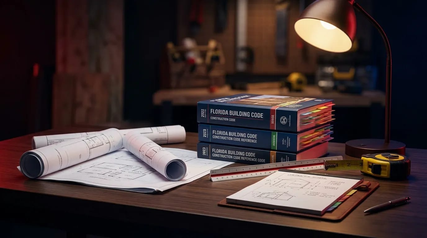 Florida contractor and handyman licensing study desk with code reference books and blueprints