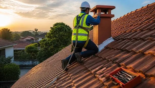 Technician performing waterproofing repairs on a residential roof chimney in Florida
