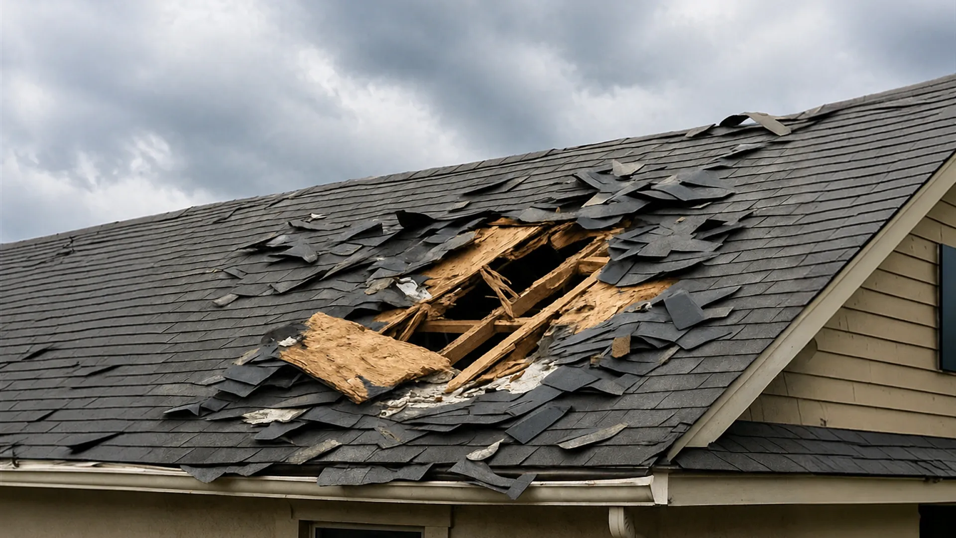 Storm roof damage in Florida on residential home in Tampa Bay after hurricane